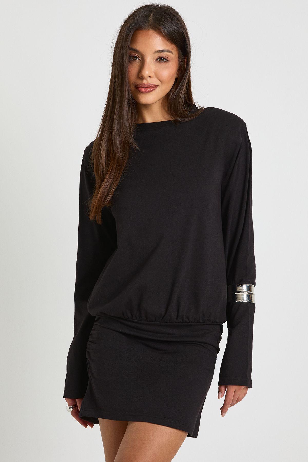Ruched Long Sleeve Shoulder Pad T-shirt Mini Dress by BOOHOO