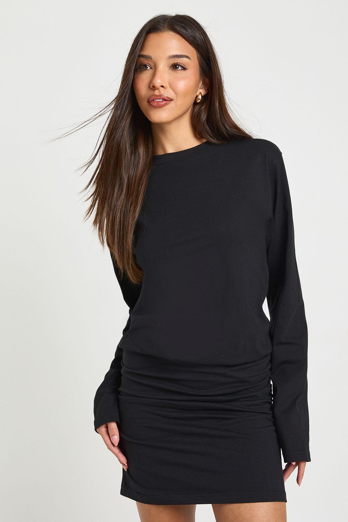 Ruched Long Sleeve T-shirt Mini Dress by BOOHOO