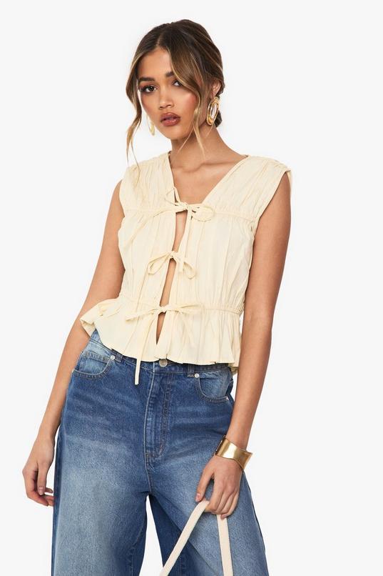 Ruched Poplin Tie Front Sleeveless Top by BOOHOO
