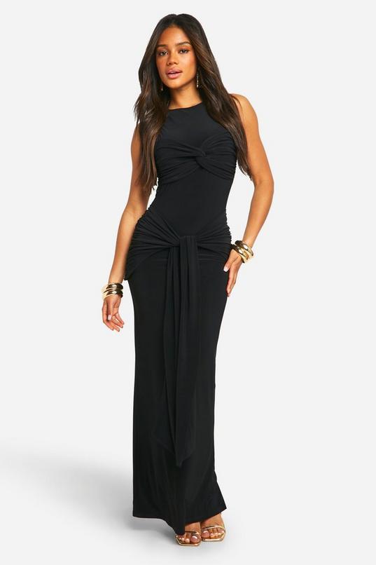 Ruched Twist Detail Racer Neck Maxi Dress by BOOHOO