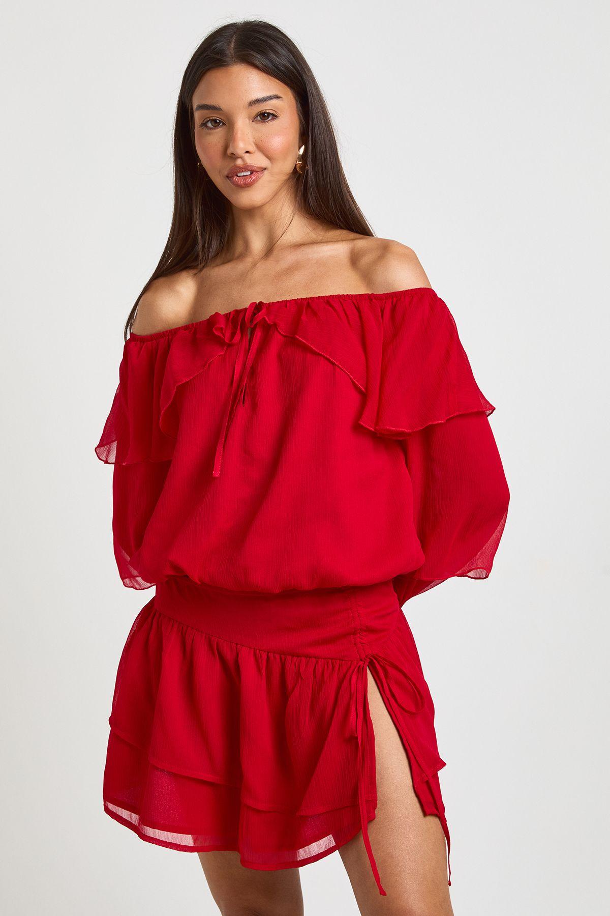Ruffle Chiffon Bardot Blouse by BOOHOO