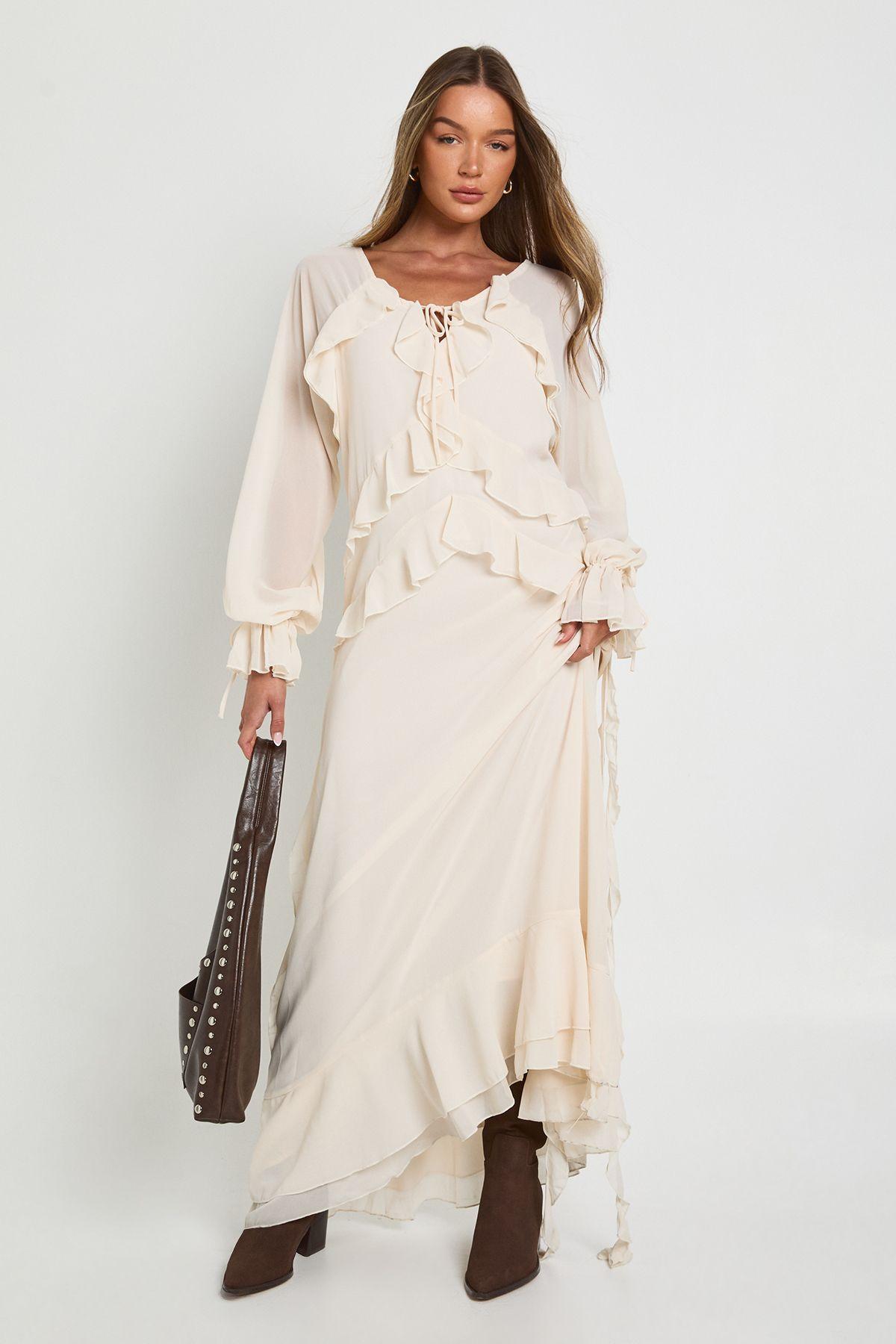Ruffle Front Smock Maxi Dress by BOOHOO