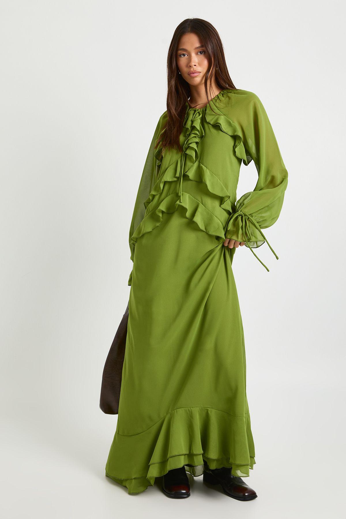 Ruffle Front Smock Maxi Dress by BOOHOO
