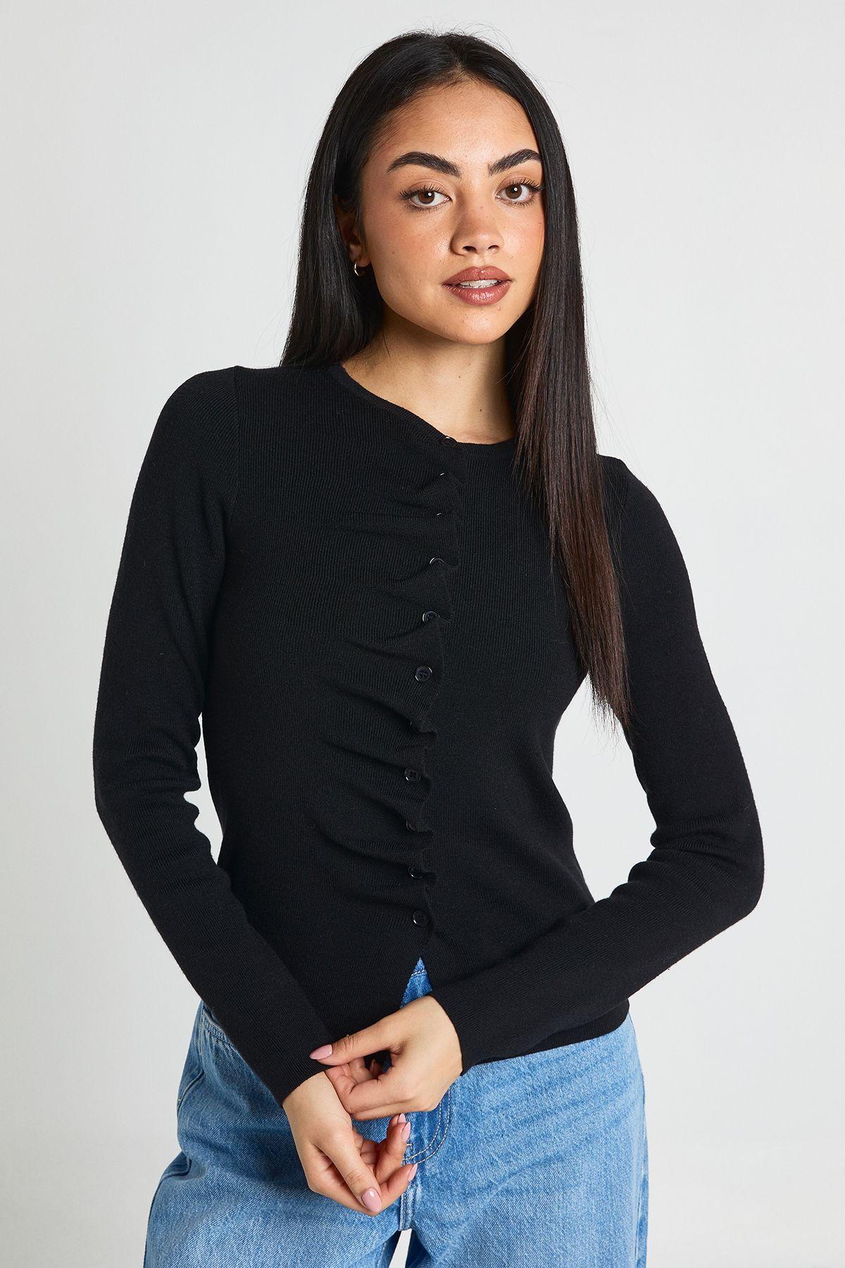Ruffle Placket Button Through Cardigan by BOOHOO