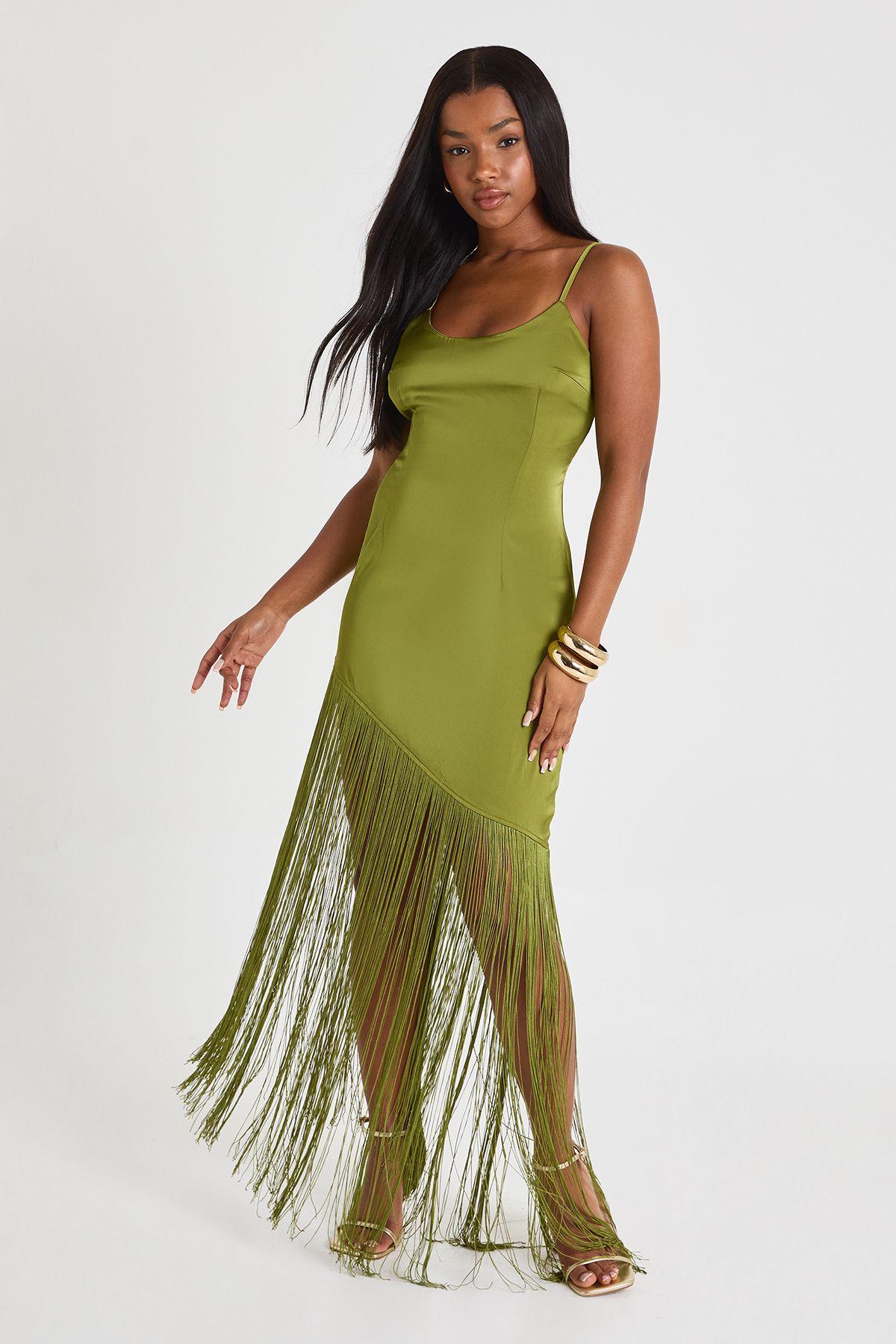 SATIN FRINGE  MIDAXI SLIP DRESS by BOOHOO