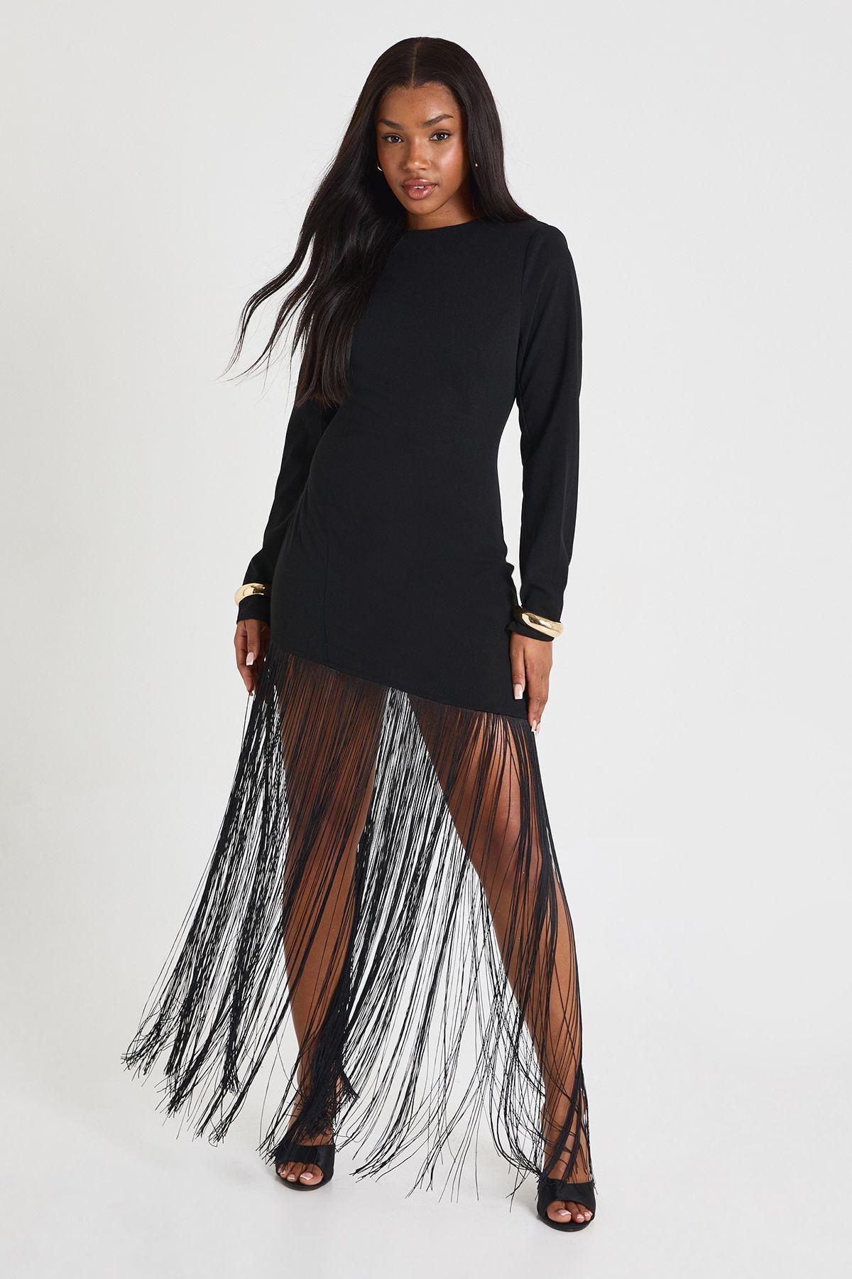 SHOULDER PAD FRINGE MINI DRESS by BOOHOO