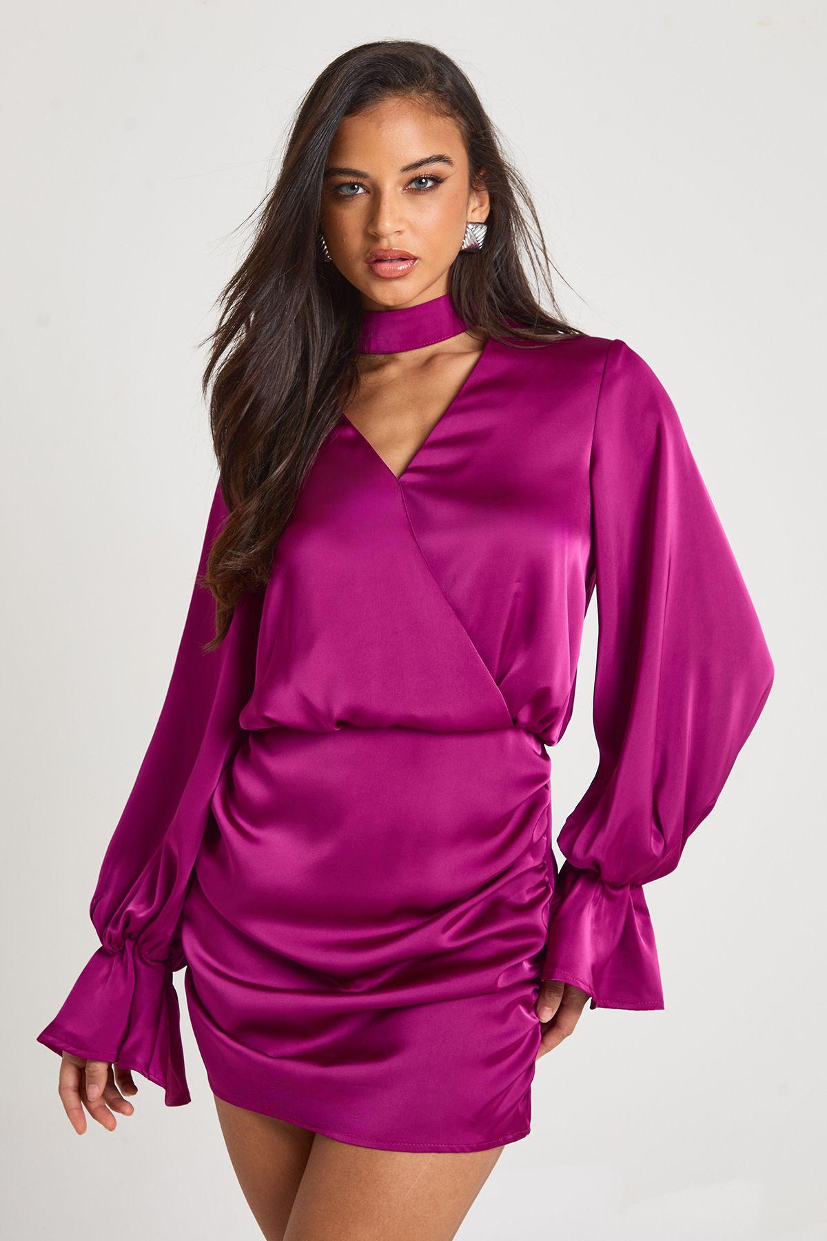 Satin Blouson Wrap Dress by BOOHOO