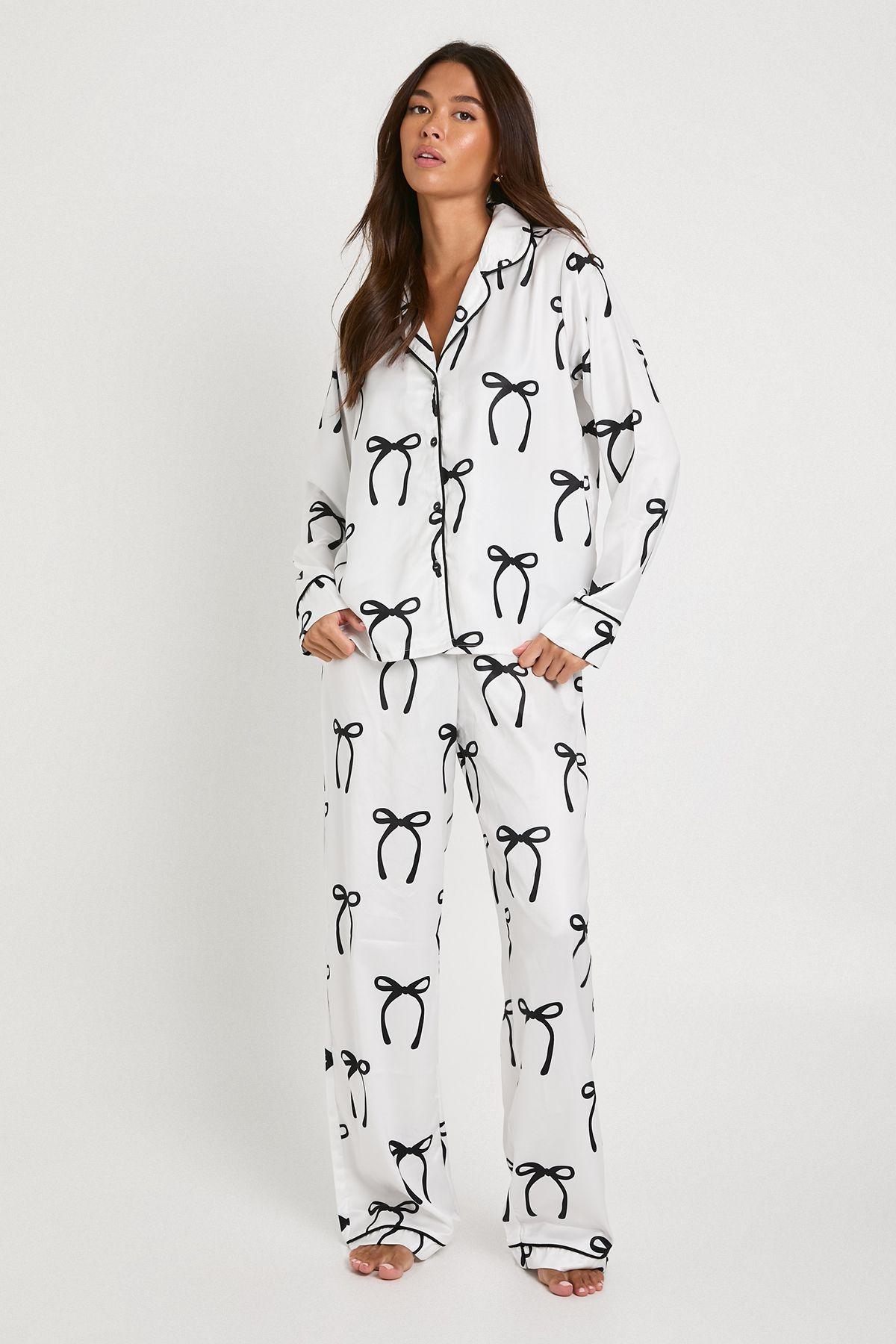 Satin Bow Print Long Sleeve Shirt & Trousers Pyjama Set by BOOHOO