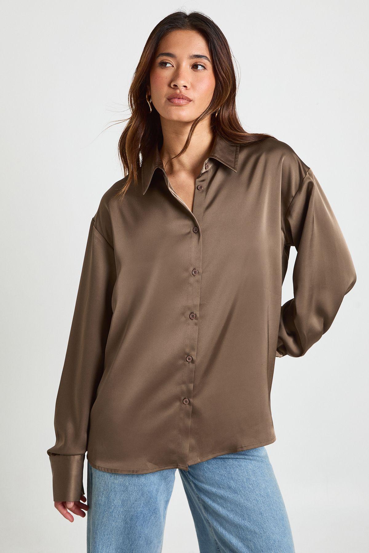 Satin Button Down Shirt by BOOHOO