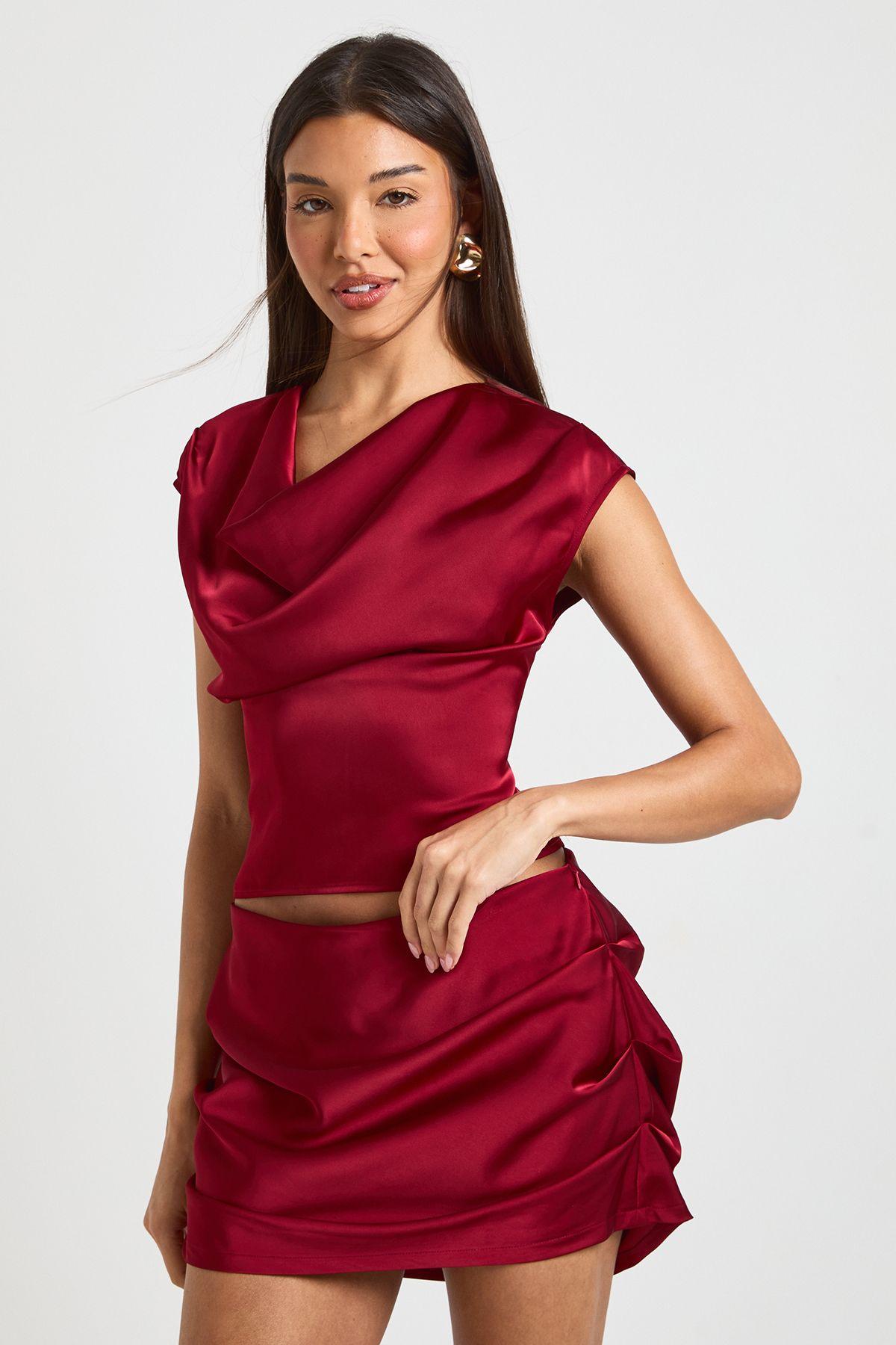 Satin Cowl Fitted Top by BOOHOO