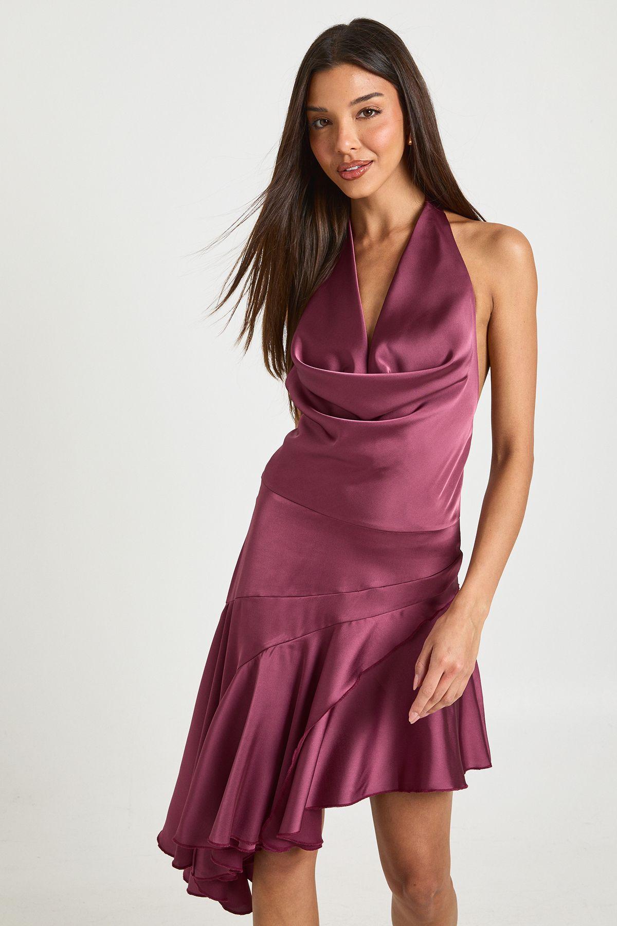 Satin Cowl Neck Asymmetric Hem Mini Dress by BOOHOO