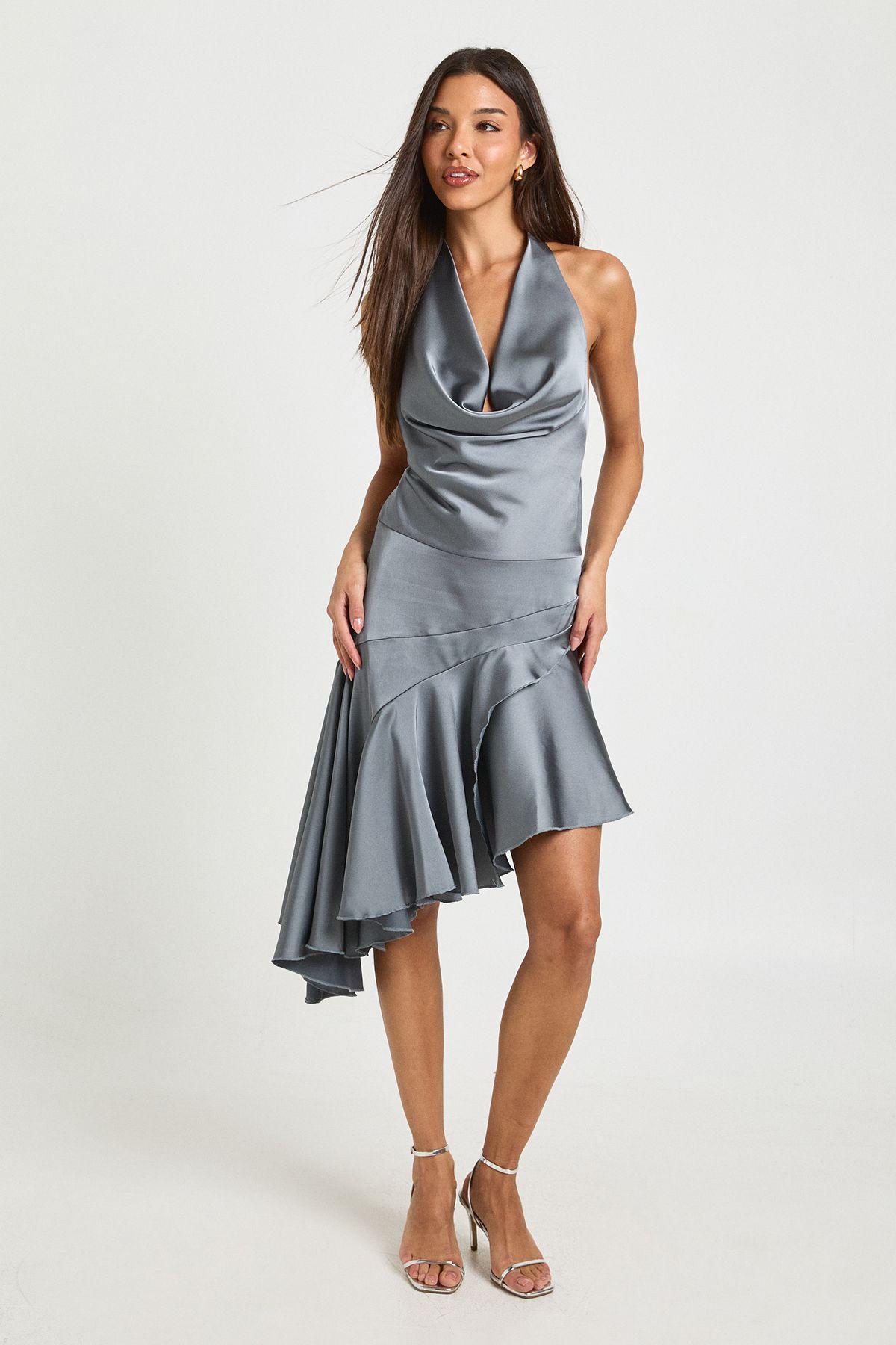 Satin Cowl Neck Asymmetric Hem Mini Dress by BOOHOO