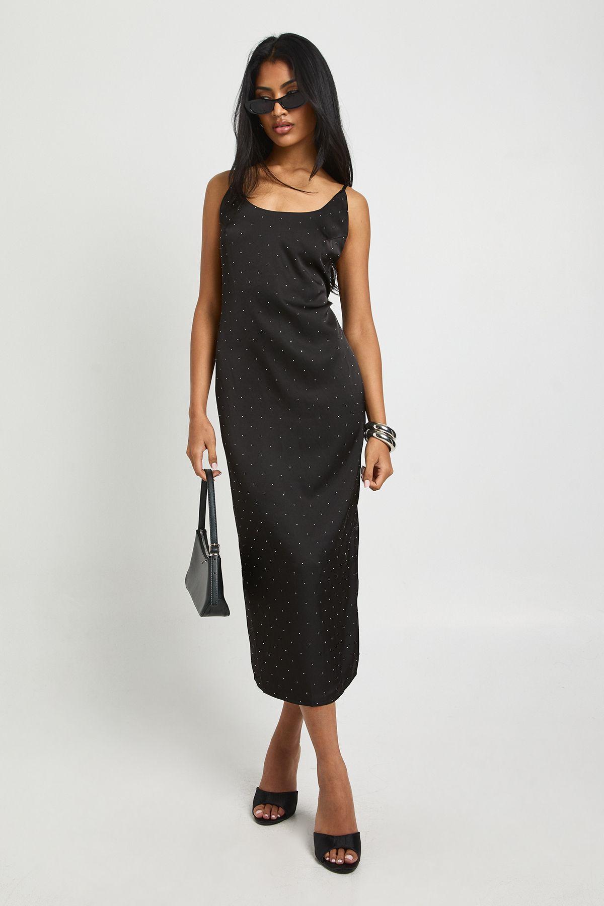 Satin Diamante Midaxi Slip Dress by BOOHOO