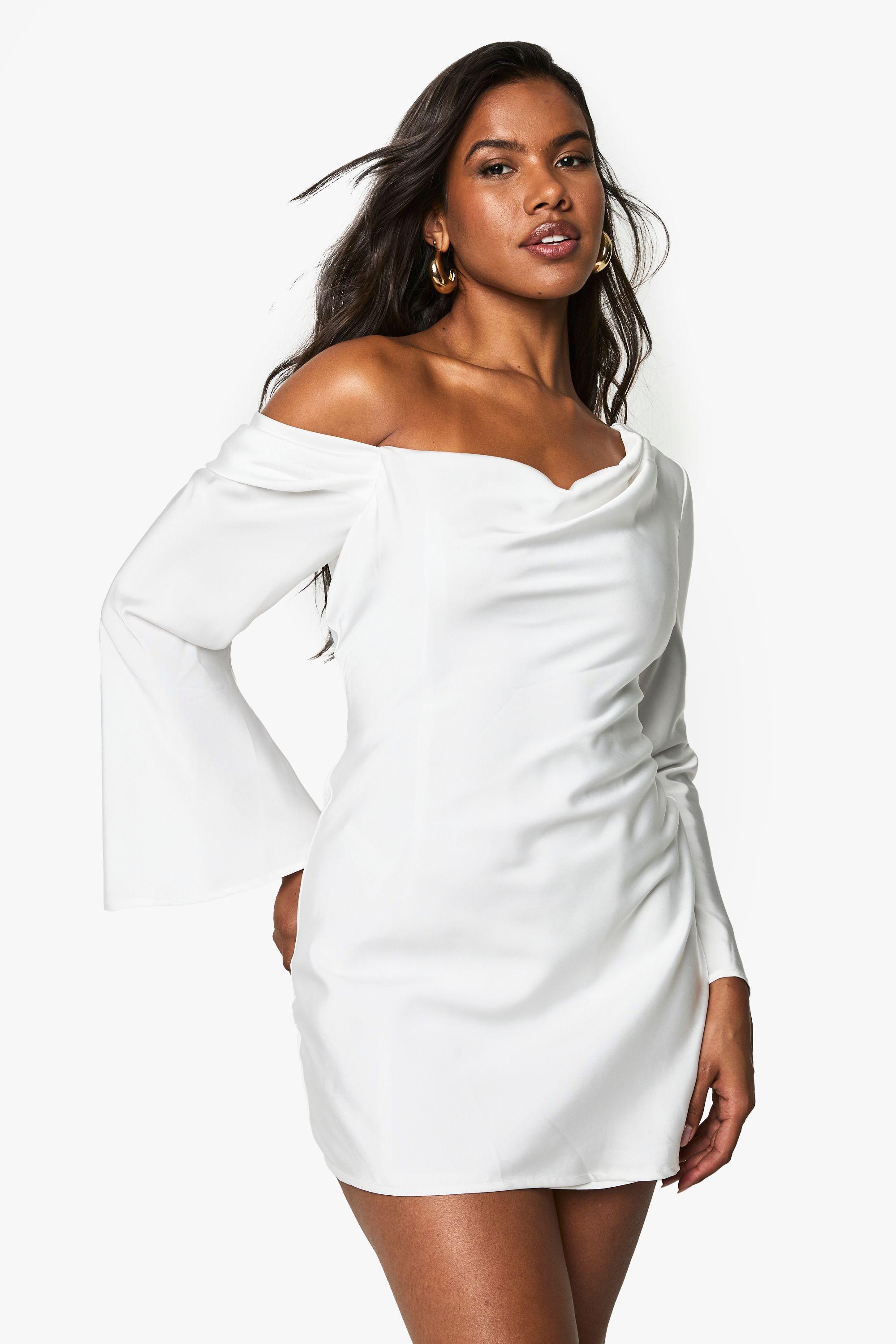 Satin Draped Flared Sleeve Mini Dress by BOOHOO