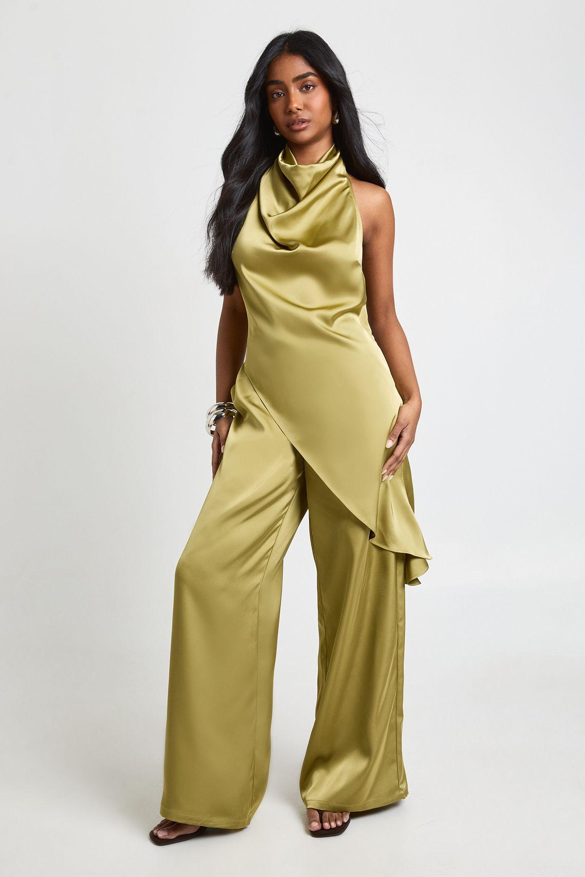 Satin Drawstring Waist Wide Leg Trousers by BOOHOO