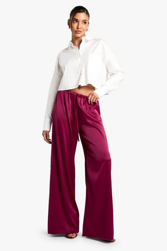 Satin Drawstring Waist Wide Leg Trousers by BOOHOO