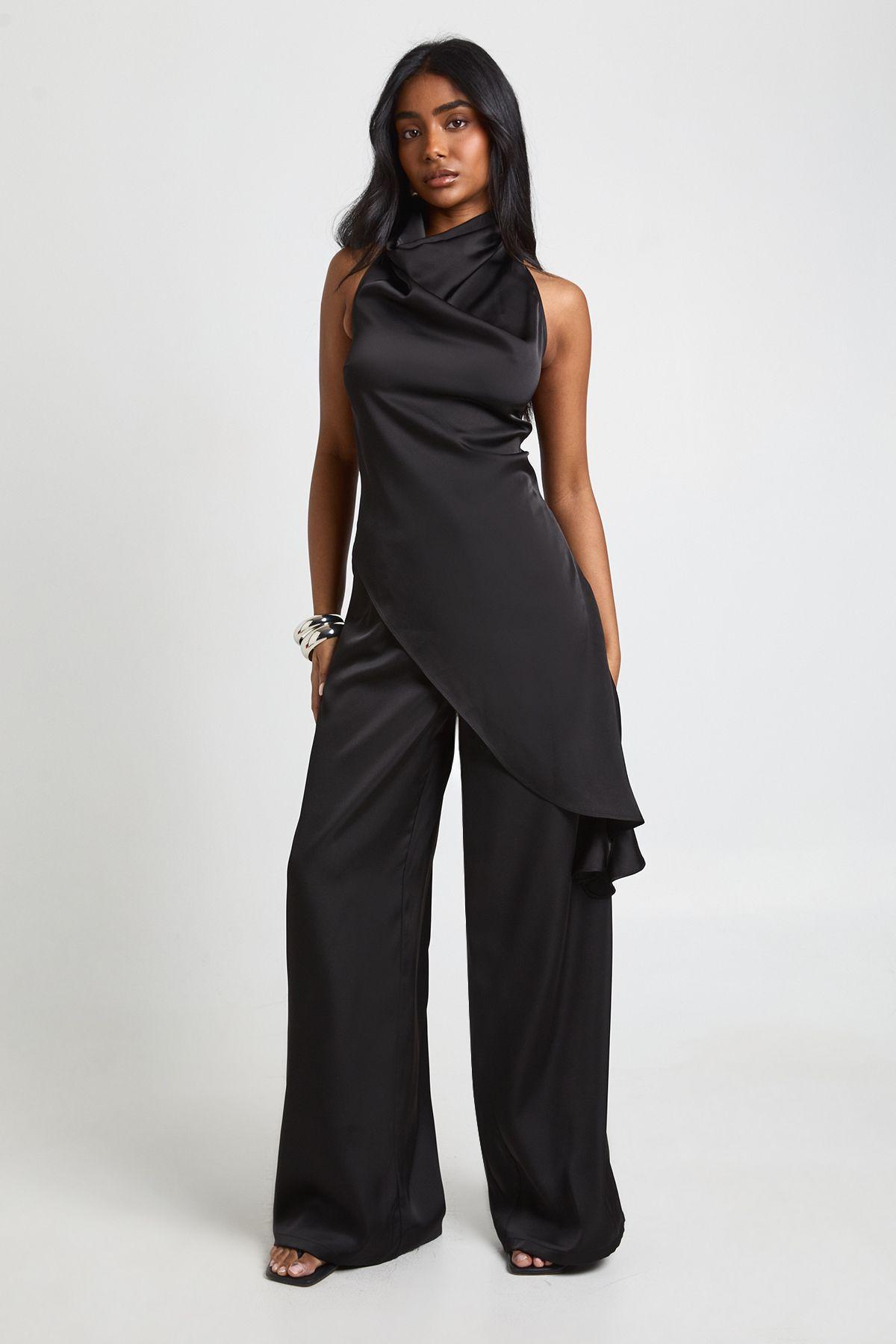 Satin Drawstring Waist Wide Leg Trousers by BOOHOO
