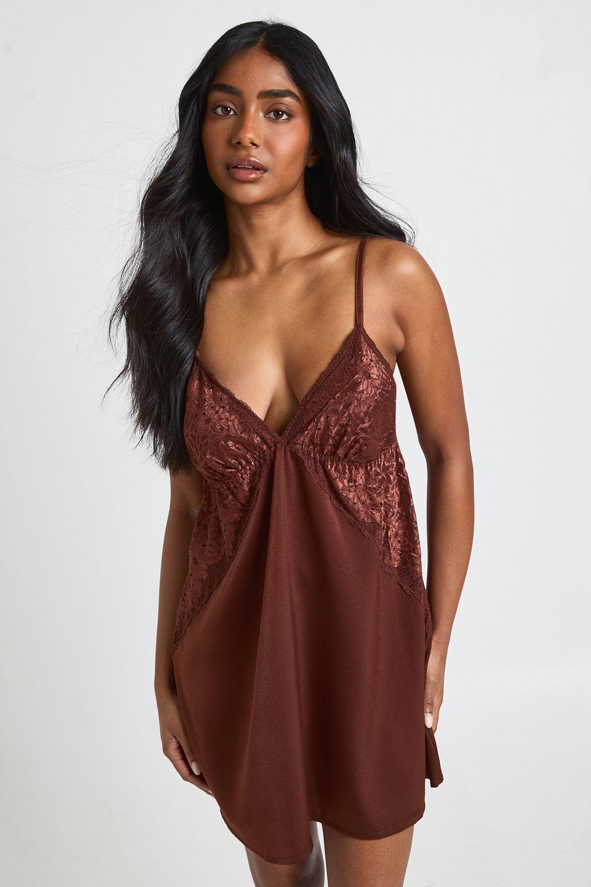 Satin Floral Lace Detail Nightie by BOOHOO