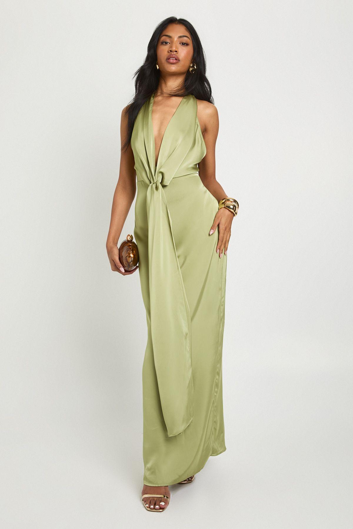 Satin Halter Neck Plunge Drape Detail Maxi Dress by BOOHOO