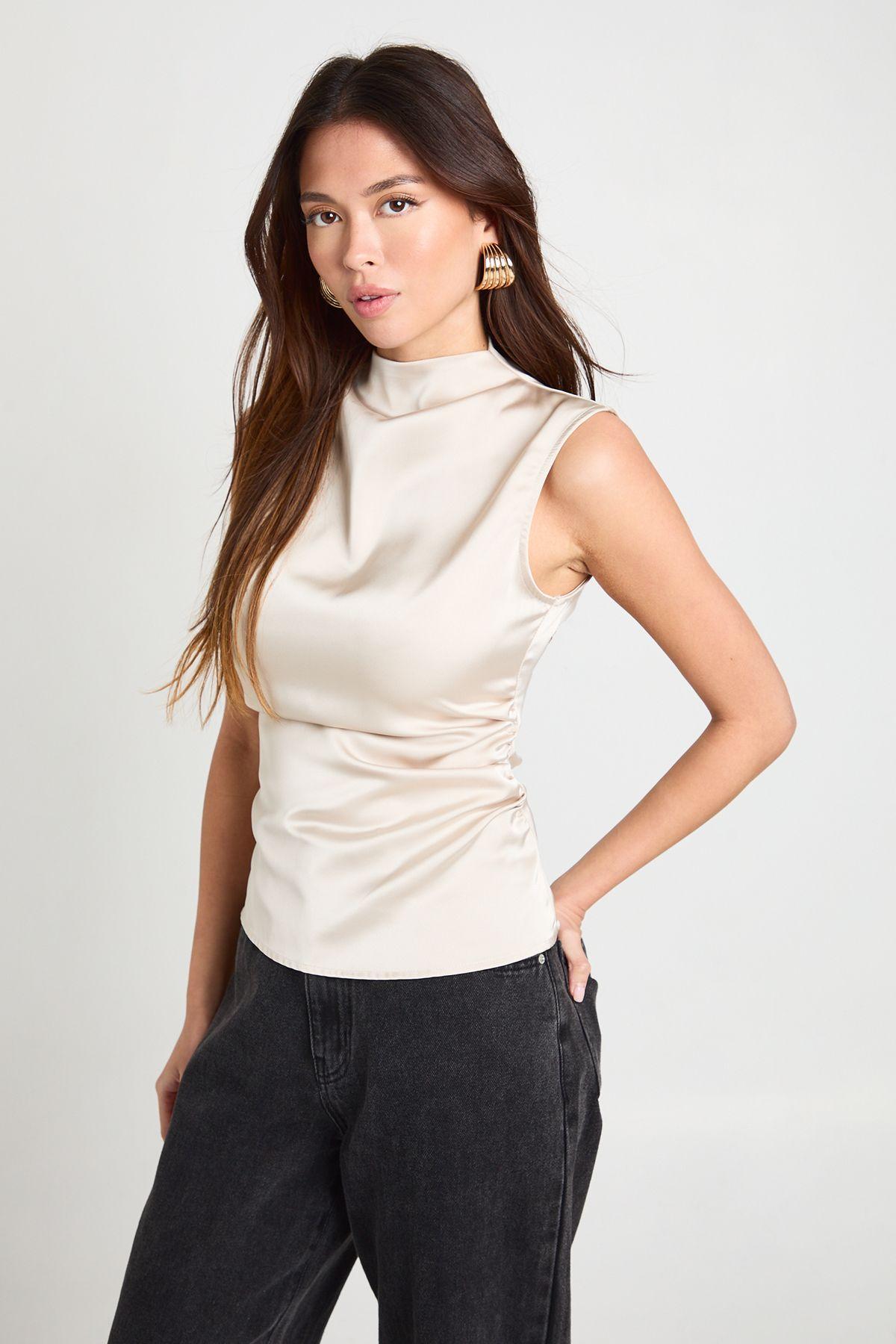 Satin High Neck Ruched Top by BOOHOO