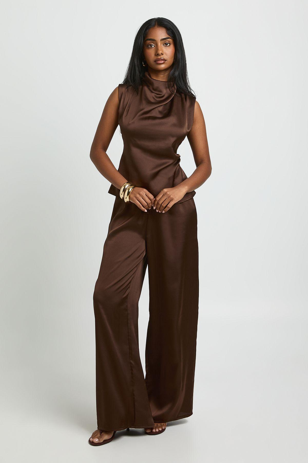 Satin High Neck Ruched Wide Leg Trouser Co-ord by BOOHOO