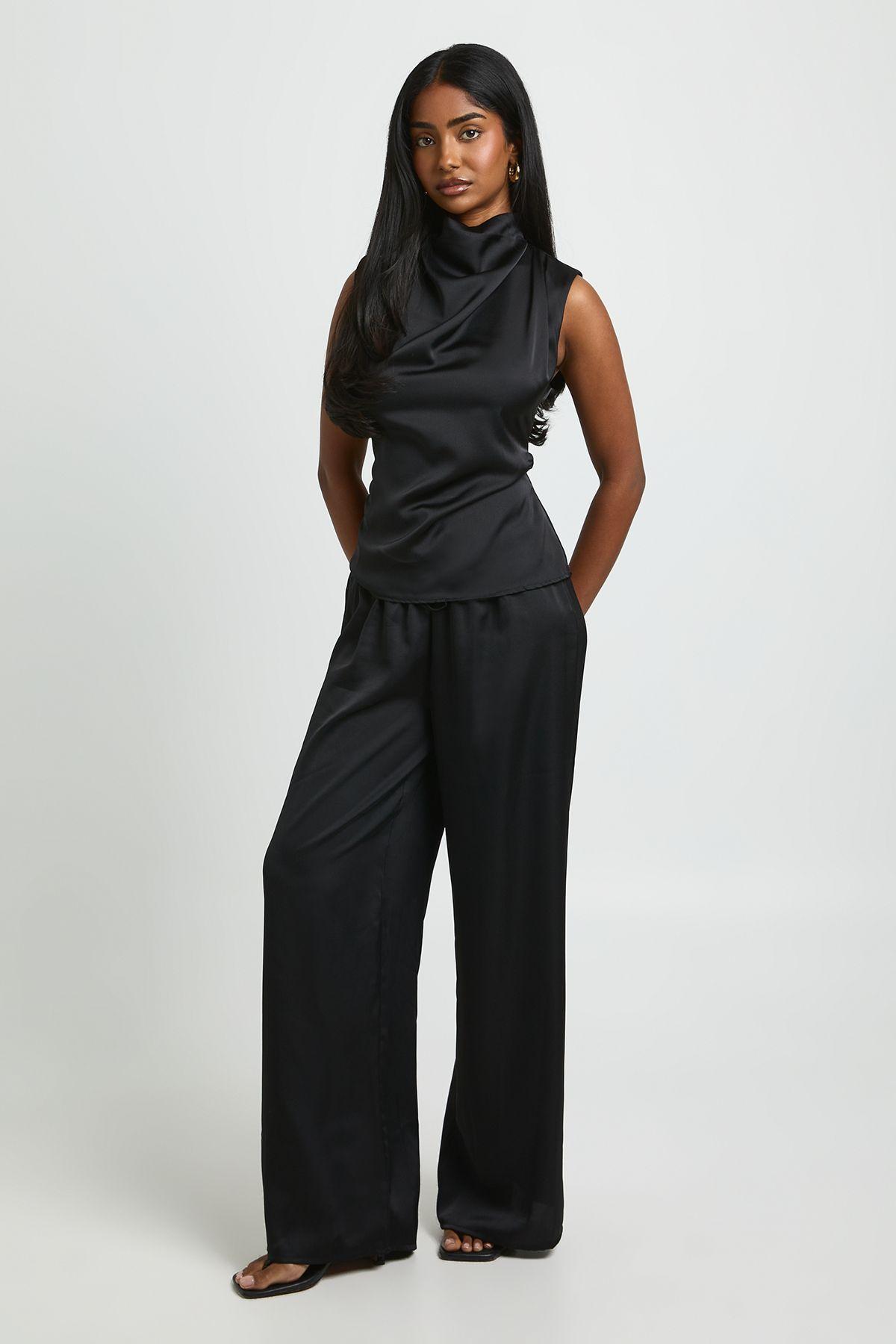 Satin High Neck Ruched Wide Leg Trouser Co-ord by BOOHOO