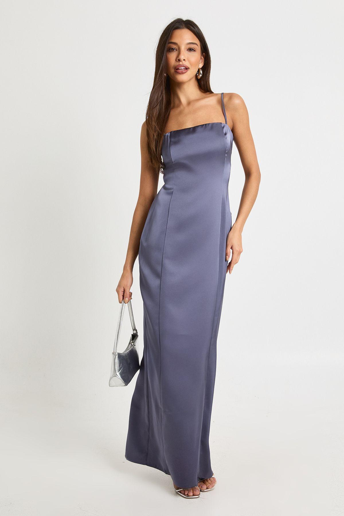 Satin Lace Back Maxi Slip Dress by BOOHOO