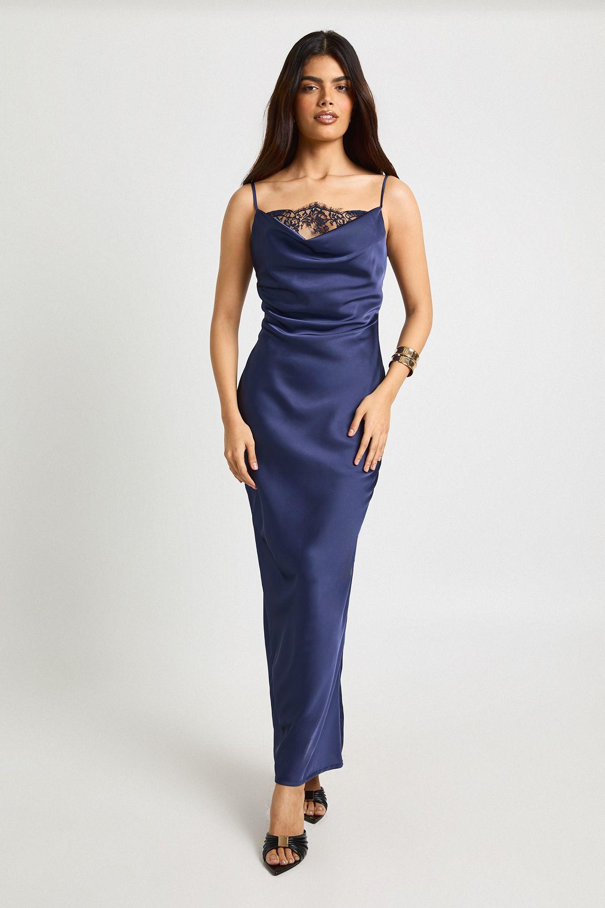 Satin Lace Cowl Neck Maxi Slip Dress by BOOHOO