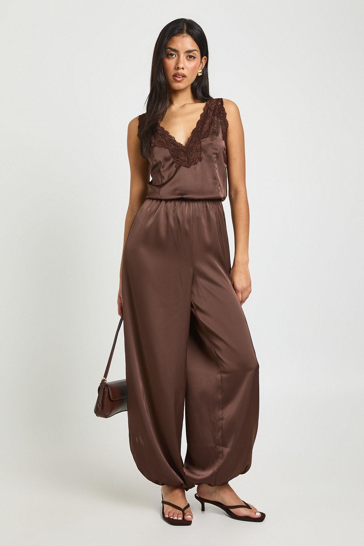 Satin Lace Trim Hareem Trouser Jumpsuit by BOOHOO