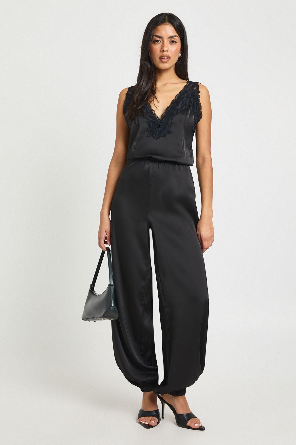 Satin Lace Trim Hareem Trouser Jumpsuit by BOOHOO