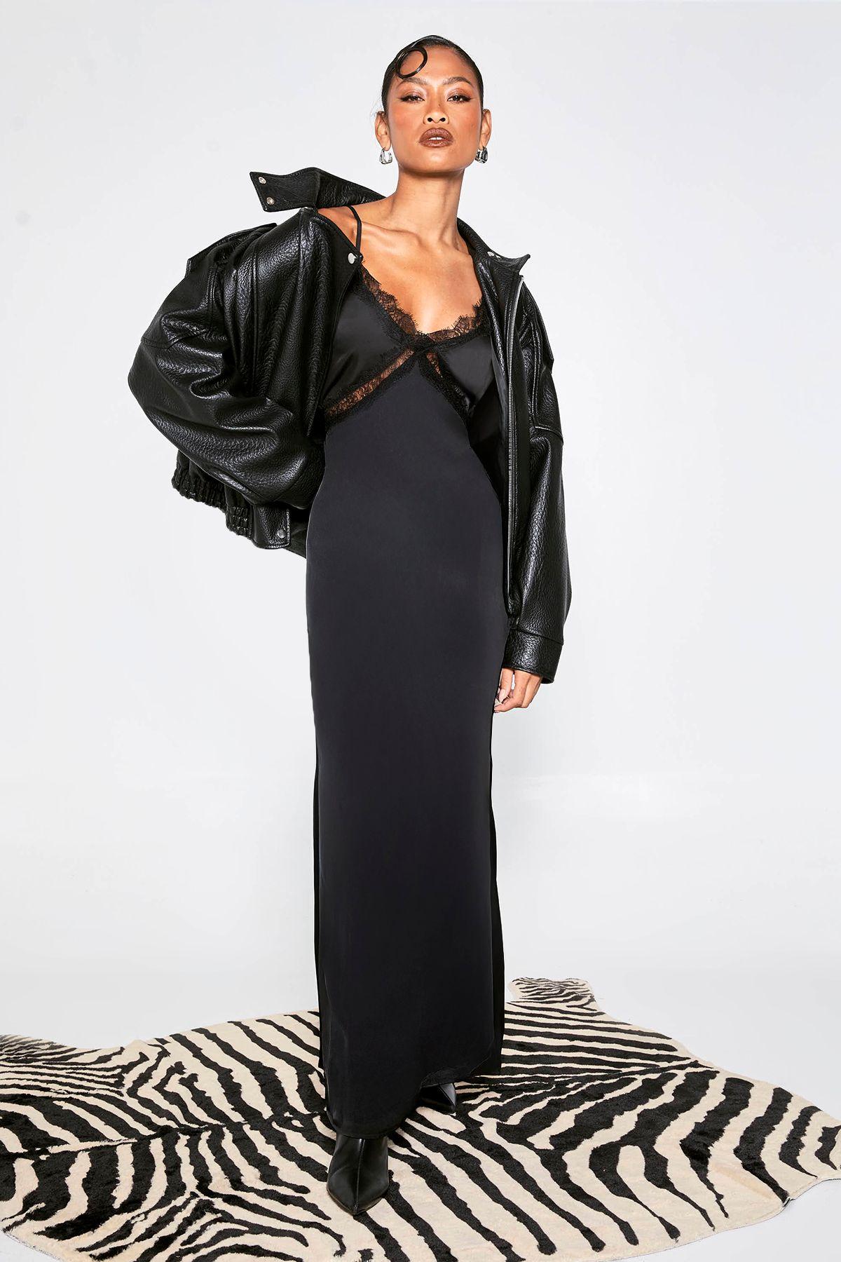 Satin Lace Trim Maxi Slip Dress by BOOHOO