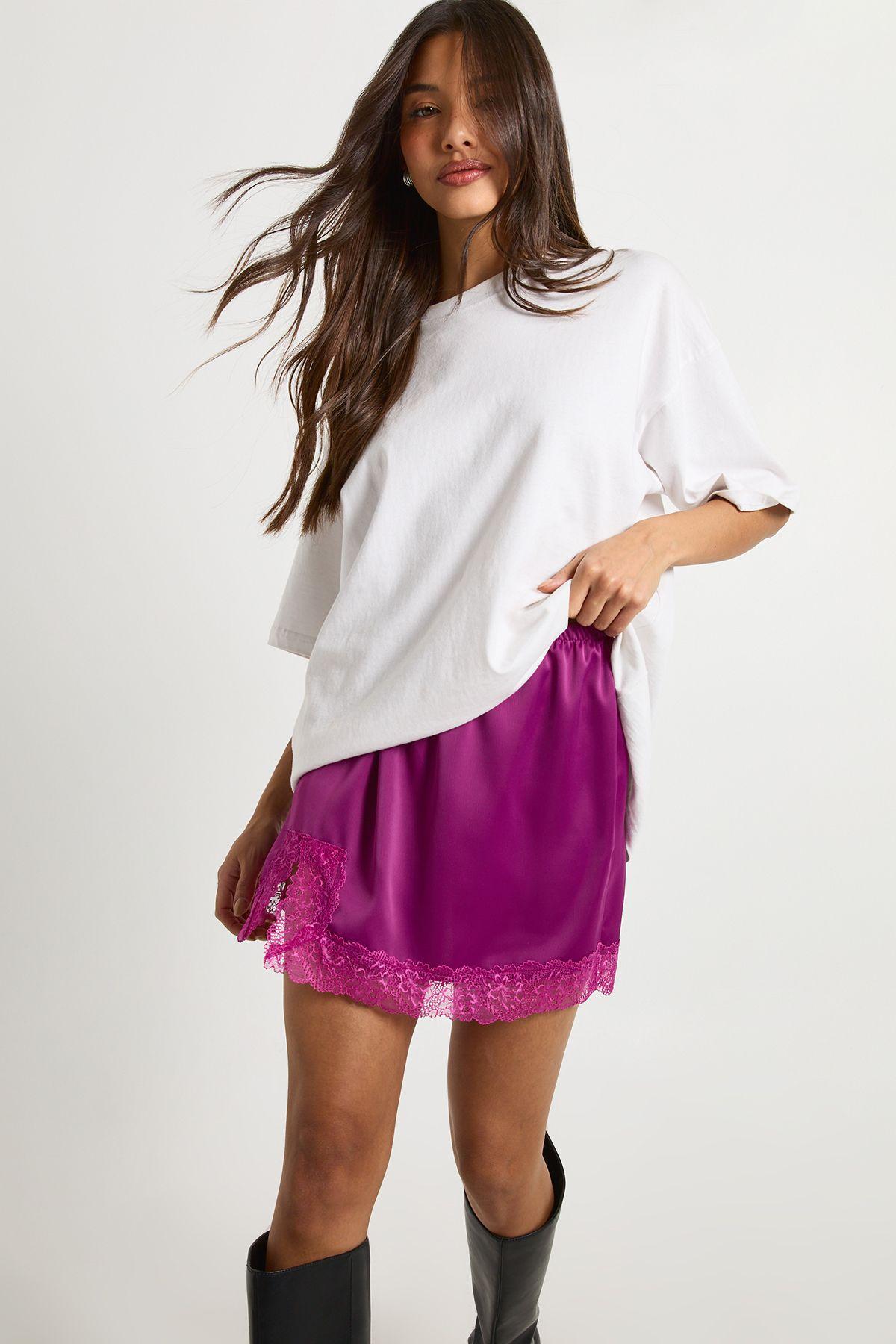 Satin Lace Trim Mini Skirt by BOOHOO