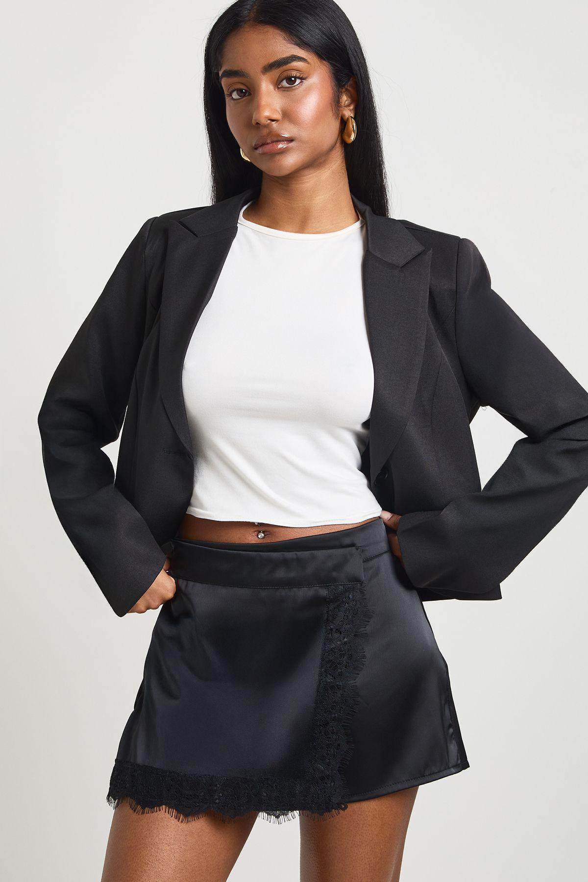 Satin Lace Trim Skort by BOOHOO