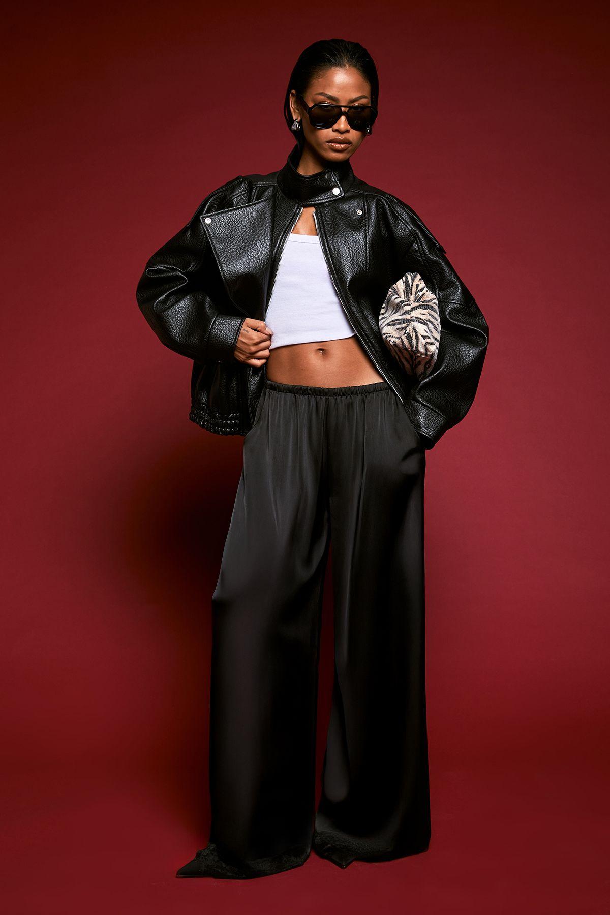 Satin Lace Trim Wide Leg Trousers by BOOHOO