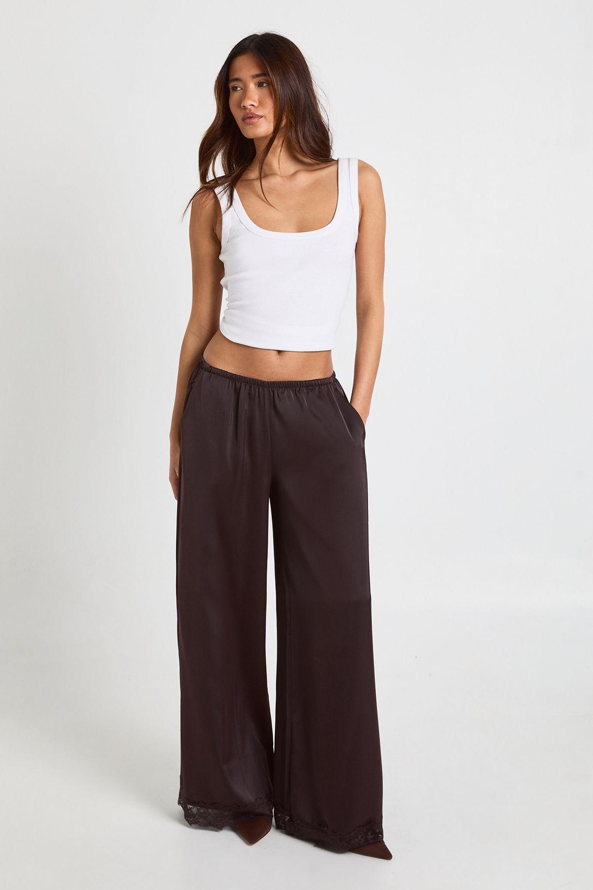 Satin Lace Trim Wide Leg Trousers by BOOHOO Satin Lace Trim Wide Leg Trousers by BOOHOO