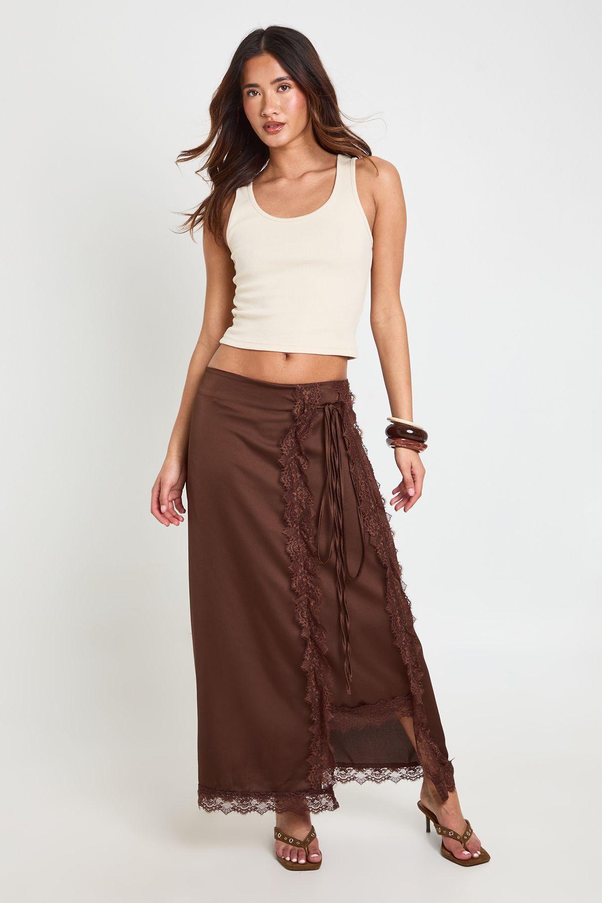 Satin Lace Trim Wrap Midaxi Skirt by BOOHOO