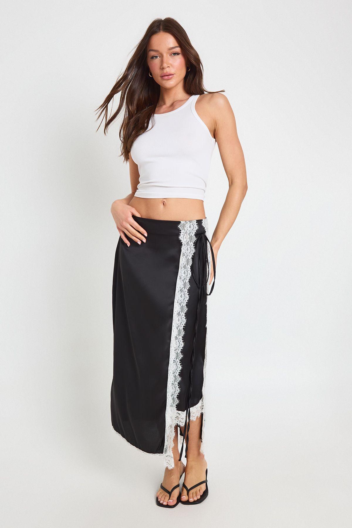 Satin Lace Trim Wrap Midaxi Skirt by BOOHOO
