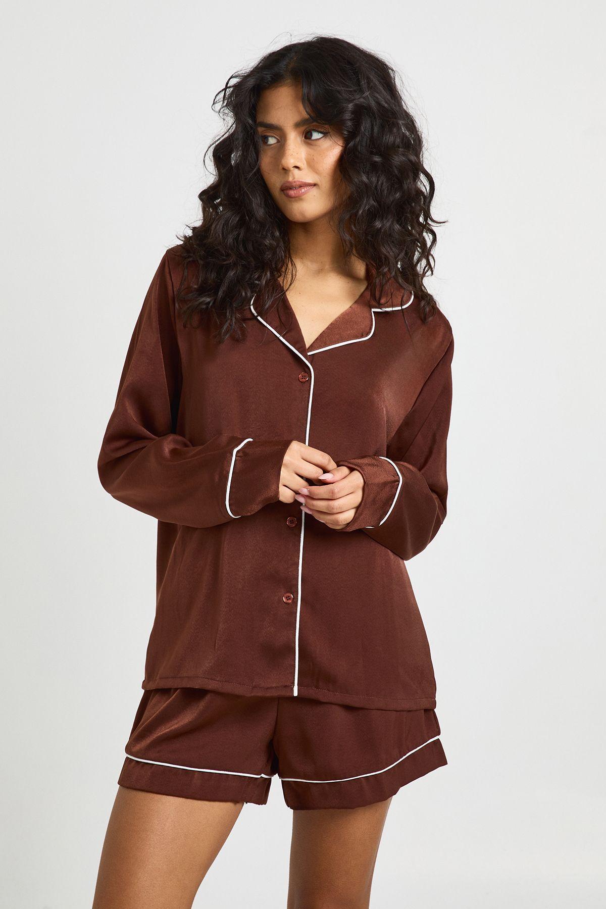 Satin Piping Detail Long Sleeve Shirt & Shorts Pyjama Set by BOOHOO Satin Piping Detail Long Sleeve Shirt & Shorts Pyjama Set by BOOHOO
