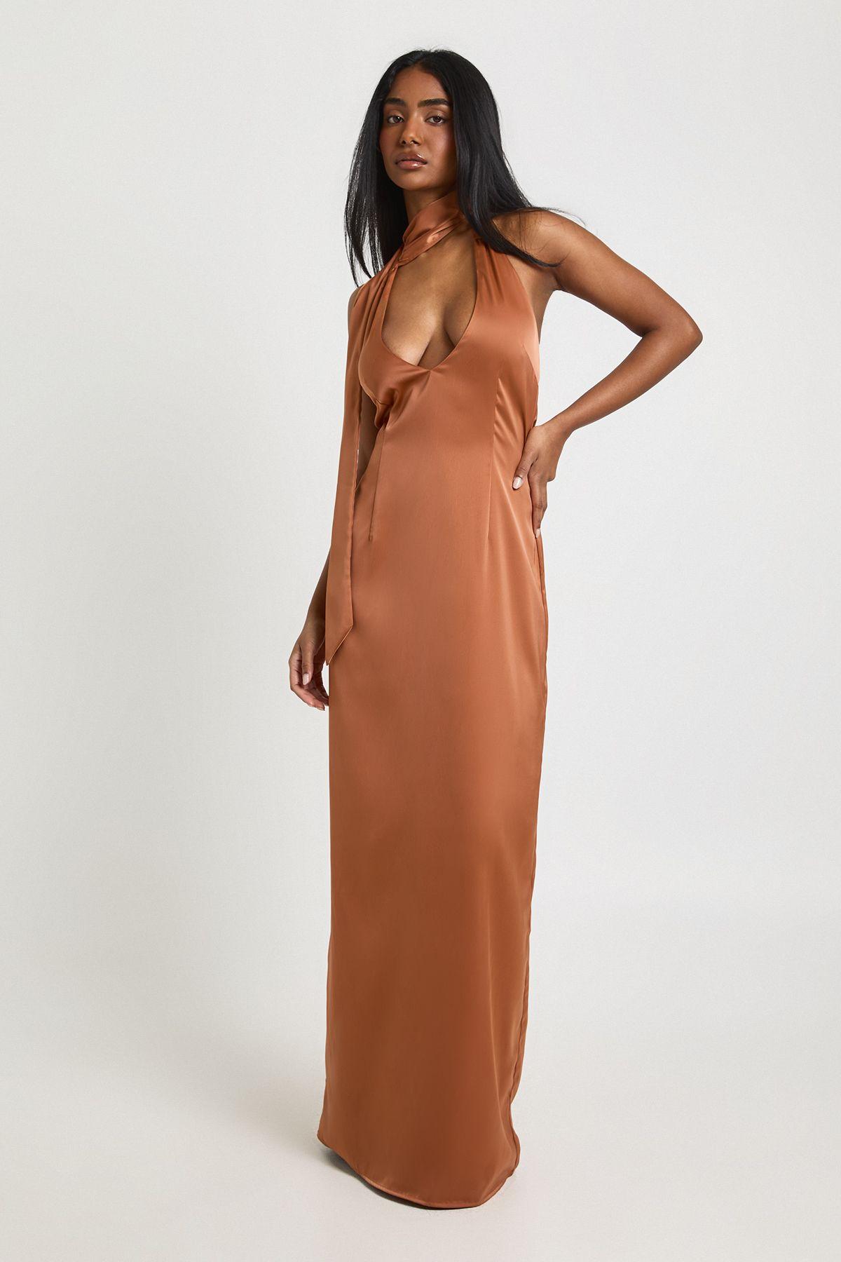 Satin Plunge Maxi Dress With Neck Tie by BOOHOO