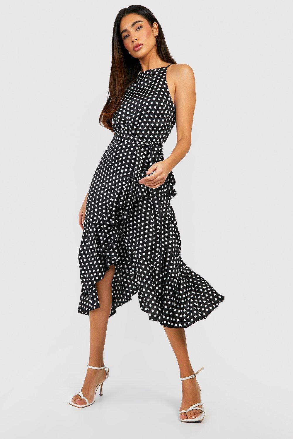 Satin Polka Dot Frill Detail Midi Dress by BOOHOO