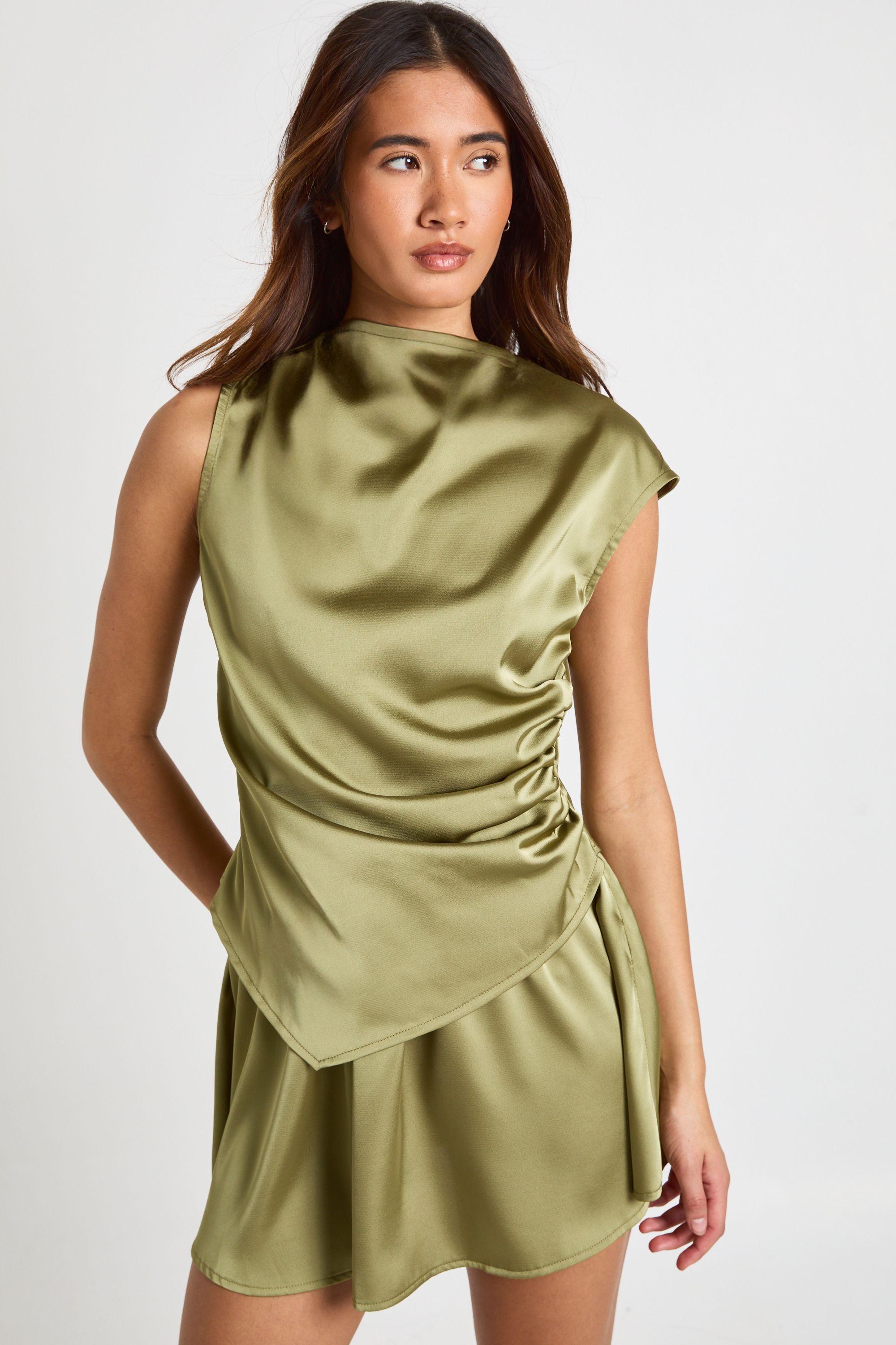 Satin Ruched Detail Mini Dress by BOOHOO