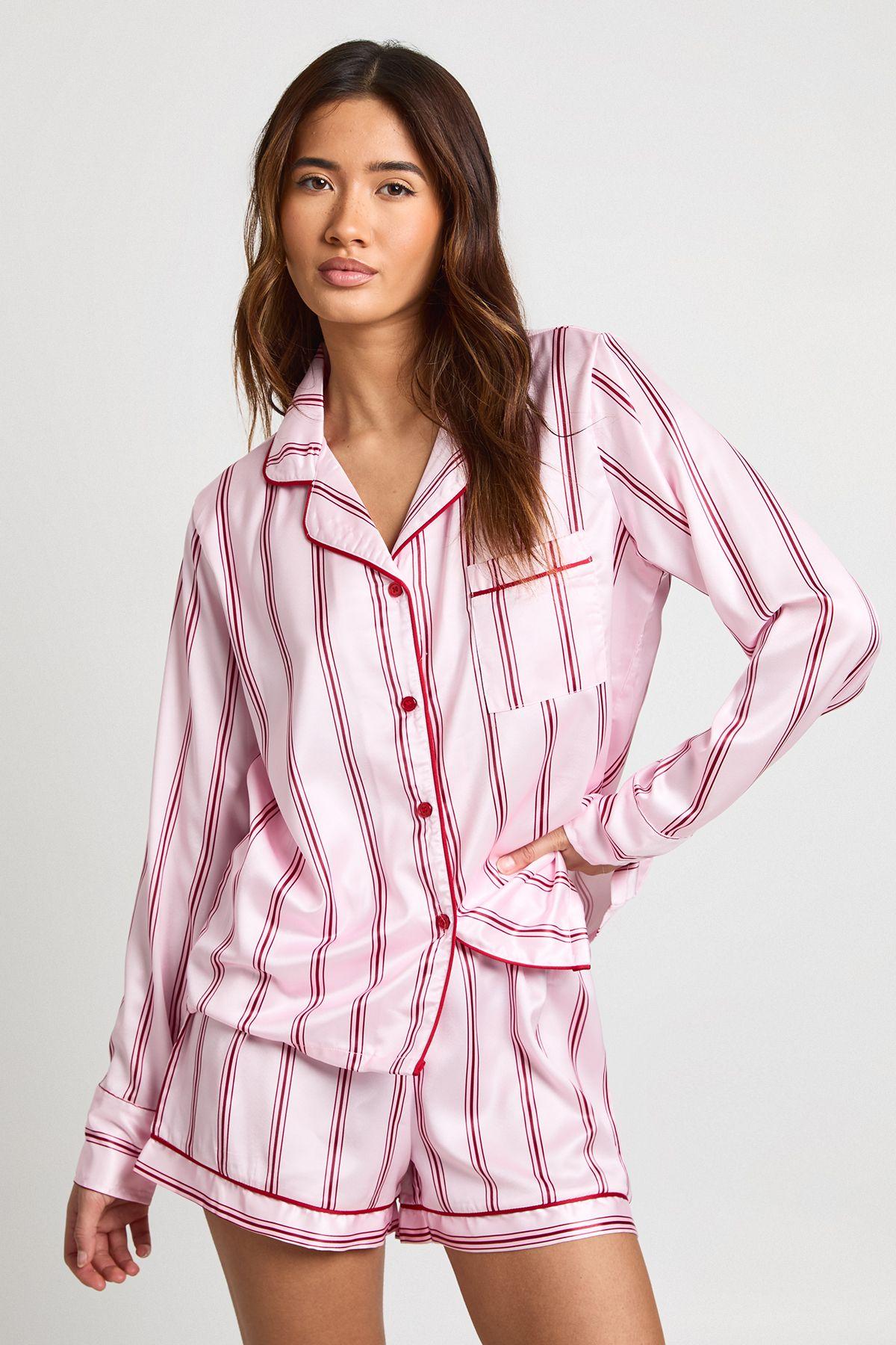 Satin Stripe Long Sleeve Shirt & Short Pyjama Set by BOOHOO