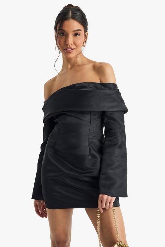 Satin Structured Bardot Mini Dress by BOOHOO