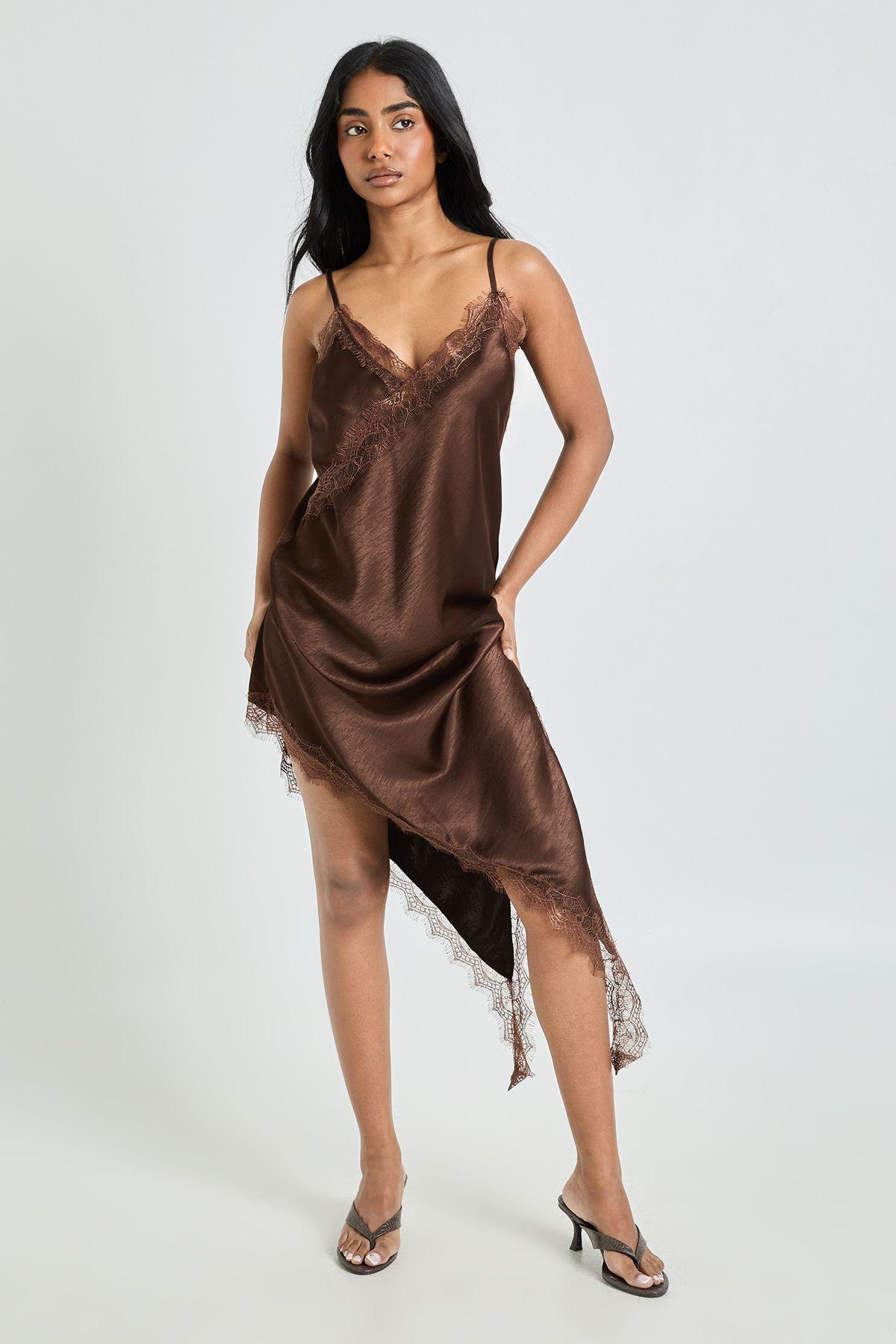 Satin & Lace Asymmetric Slip Dress by BOOHOO