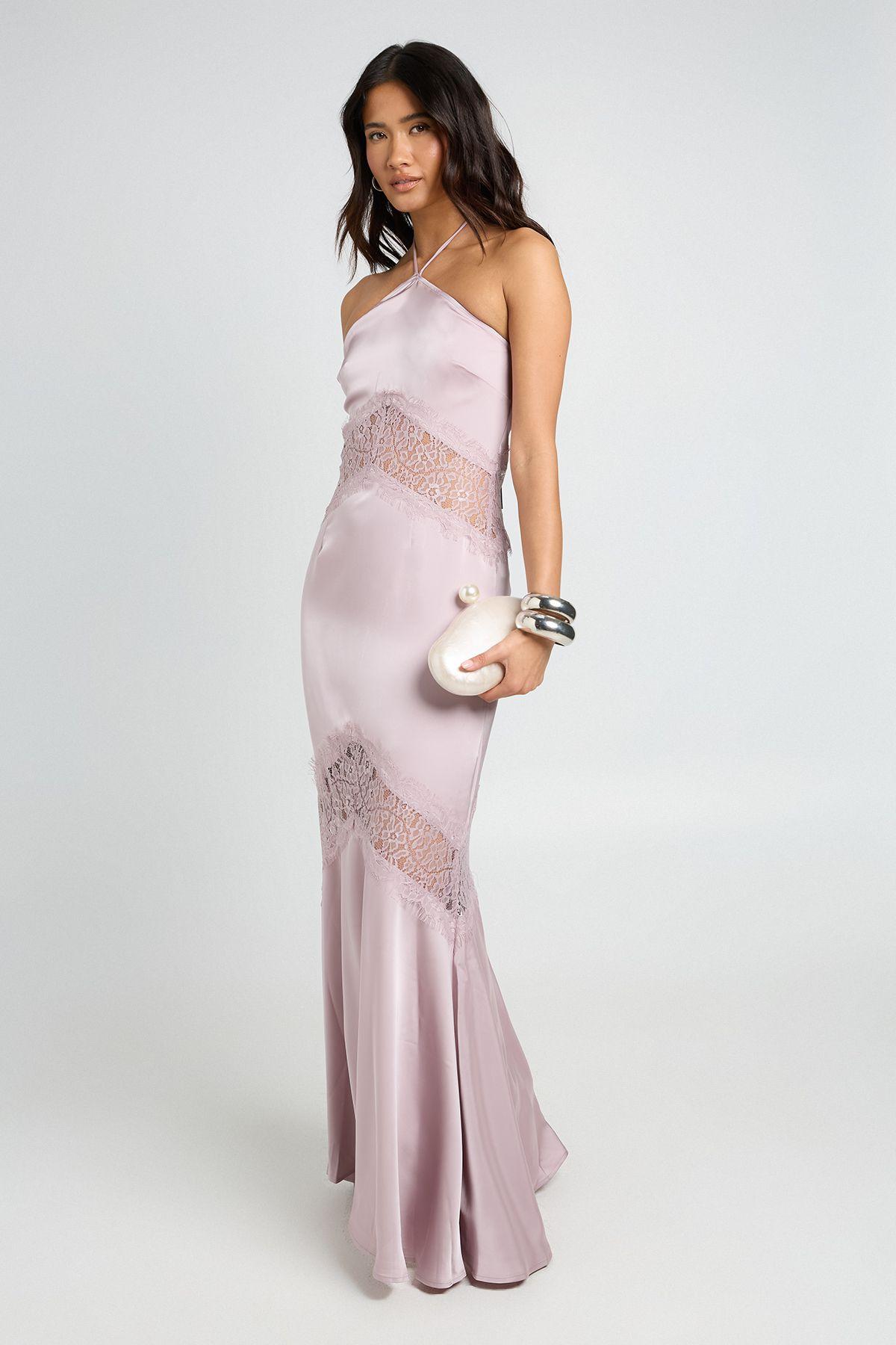 Satin & Lace Strappy Halterneck Maxi Slip Dress by BOOHOO