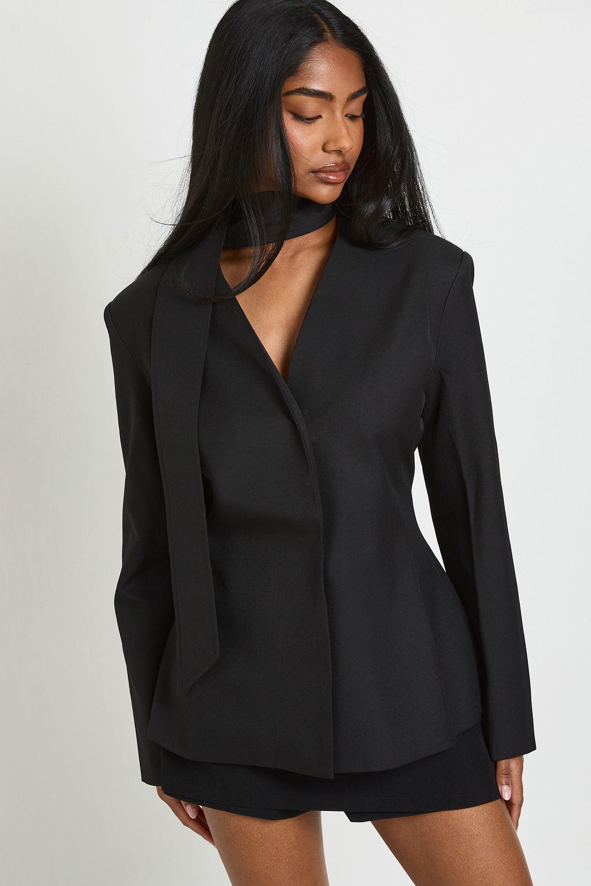 Scarf Detail Open Front Blazer by BOOHOO