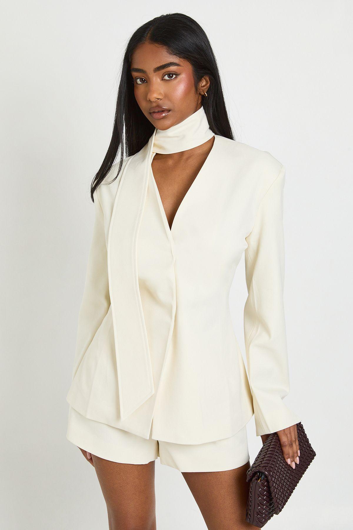 Scarf Detail Open Front Blazer by BOOHOO