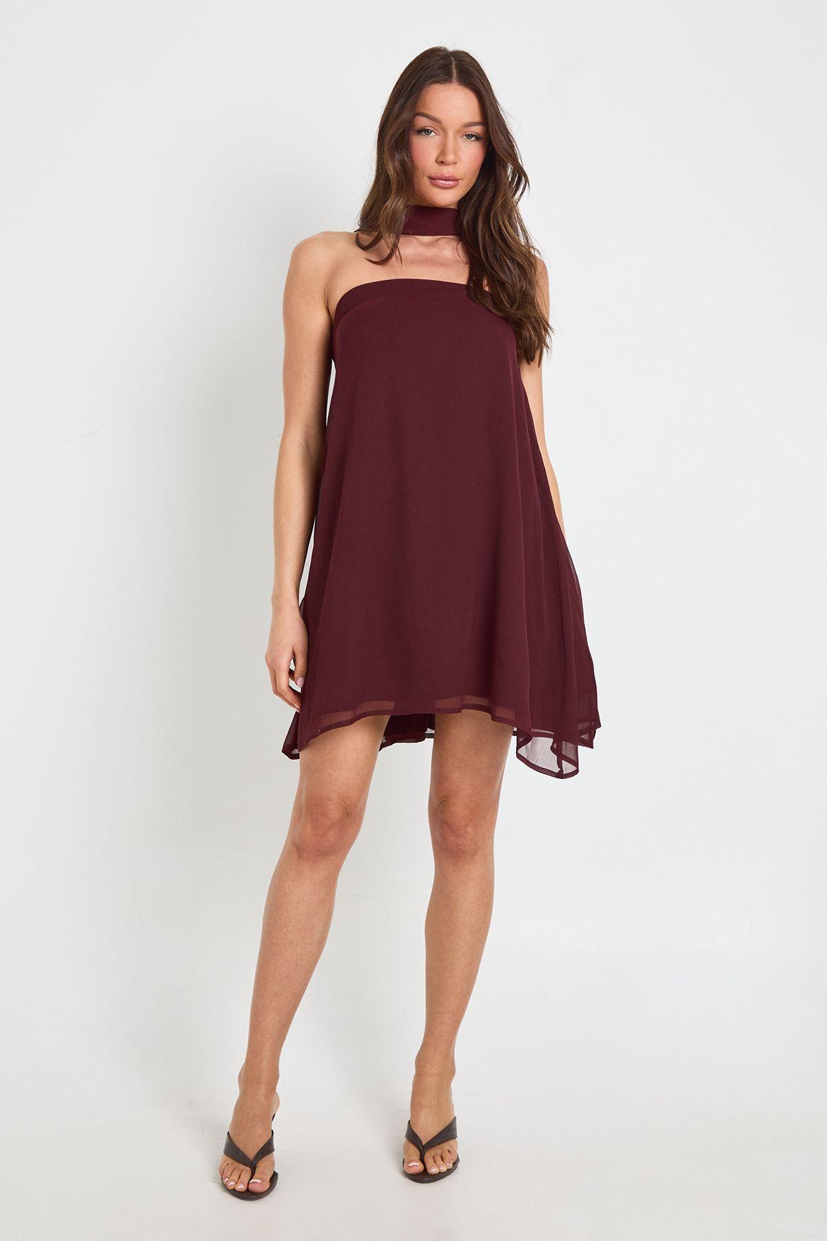 Scarf Detail Trapeze Mini Dress by BOOHOO