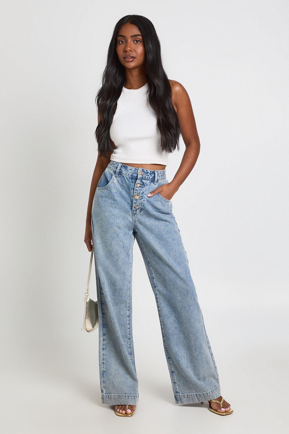 Sea Shell Button Down Wide Leg Jean by BOOHOO