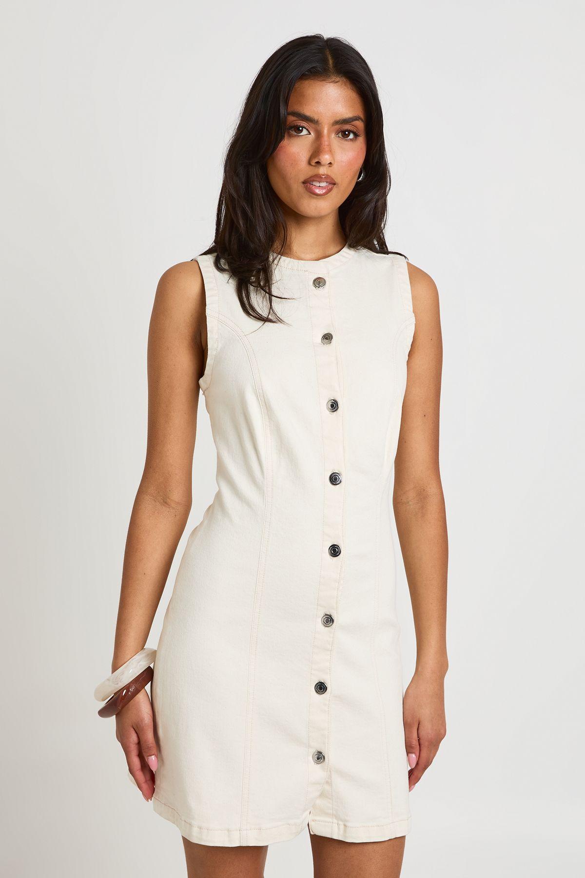 Seam Detail Button Down Denim Mini Dress by BOOHOO